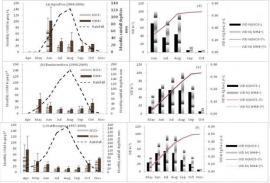 Dépôt humide à Agoufou, Banizoumbou et Katibougou (savanes sèches du Mali et Niger). À gauche, pluviométrie (en mm/ par mois, traits pointillés) et concentrations dans la pluie (VWM en µeq.L-1 par mois). À droite, dépôt humide (WD en kgN.ha-1.yr-1) et pourcentage cumulé du dépôt (trait pointillé pour l’ammonium, et trait rouge pour le nitrate, 100 % du dépôt est atteint en fin de saison humide).