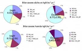 Bilan annuel d’azote atmosphérique avec répartition des sources et puits, en savanes sèche et humide, en kgN.ha-1.yr-1. BB = combustion de biomasse, BF = feux domestiques, bio = biogénique par les sols, vol = volatilisation, wd = dépôt humide, dd = dépôt sec gazeux.