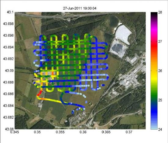 Température du sol observée par le drone SUMO (un petit avion de 600 g) lors d'une exploration horizontale à 60 m du sol, au-dessus de surfaces variées (de gauche à droite: forêt, maïs, lande).