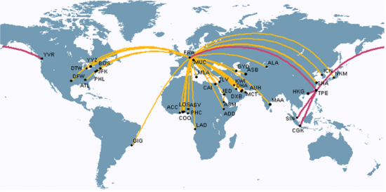 Figure 2 : Couverture géographique de IAGOS. En jaune les vols effectués par l’Airbus A340 de Lufthansa depuis Juillet 2011, en rouge ceux effectués par l’Airbus A340 de China Airlines depuis Juillet 2012.